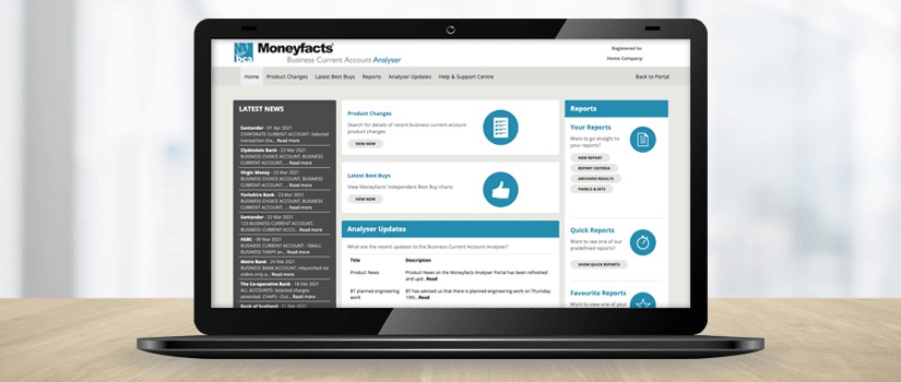 Banner Image of Moneyfacts Business Current Account Analyser on Laptop Screen