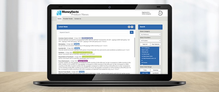 Banner Image of Moneyfacts Product News Analyser on Laptop Screen