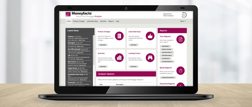 Banner Image of Moneyfacts Buy-to-let Mortgage Analyser on Laptop Screen