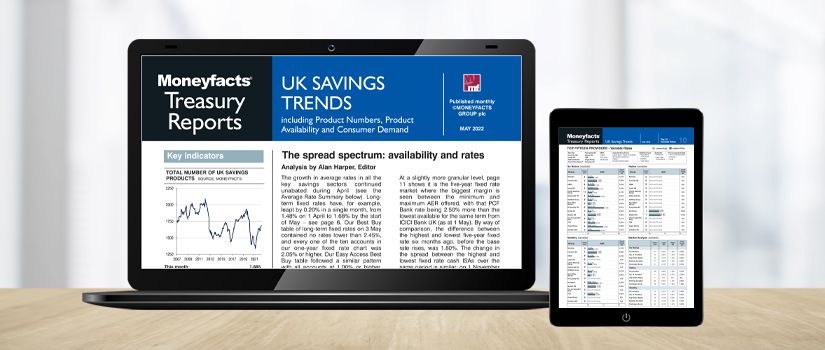 Banner Image of Laptop and Tablet Devices Showing Moneyfacts Savings Treasury Report