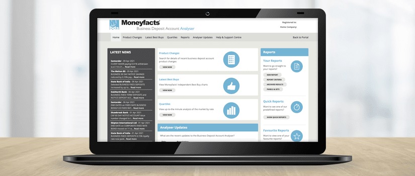 Banner Image of Moneyfacts Business Deposits Accounts Analyser on Laptop Screen