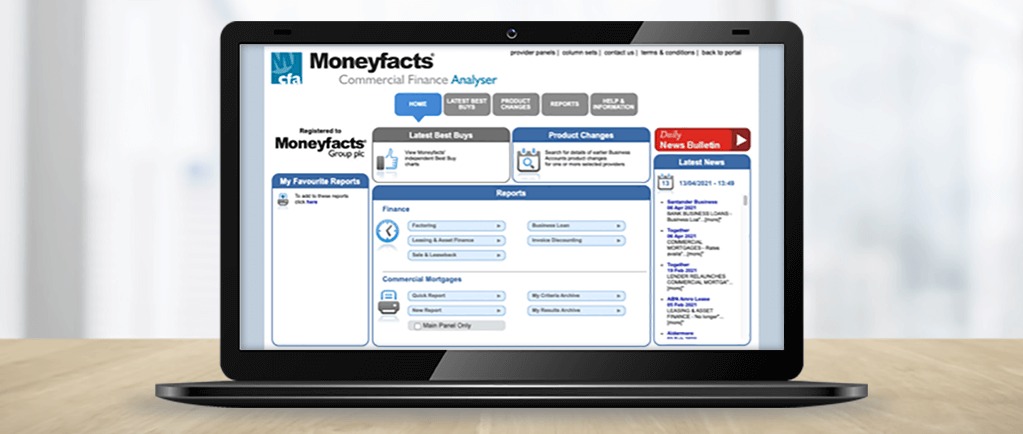 Banner Image of Moneyfacts Commercial Finance Analyser on Laptop Screen