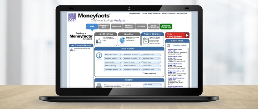 Banner Image of Moneyfacts Offshore Savings Analyser on Laptop Screen